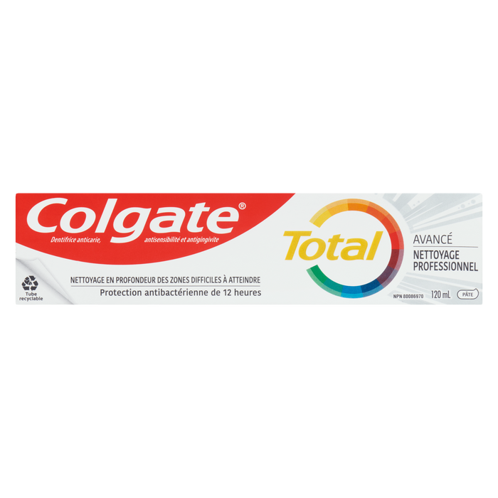 Dentifrice Colgate Total Anticavité Antisensibilité Antigingivite Pâte nettoyante professionnelle avancée 120 ml