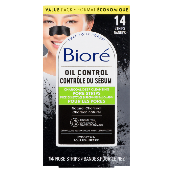 Bandes nettoyantes en profondeur pour les pores au charbon de bois Bioré, pack économique de contrôle du sébum, 14 bandes nasales