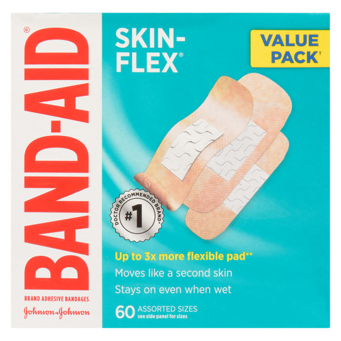 Pansements adhésifs Band-Aid Skin-Flex, lot économique de 60 tailles assorties