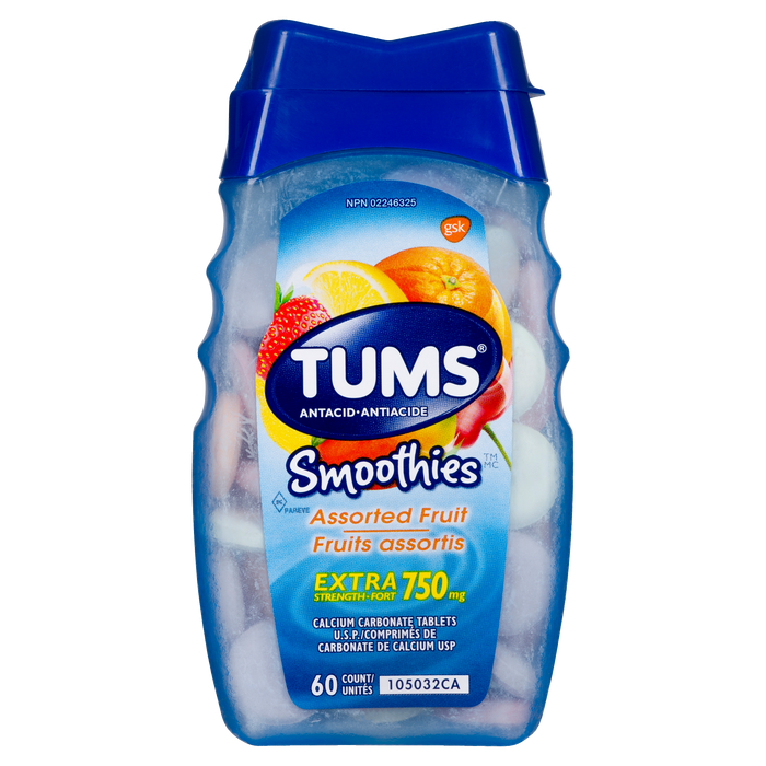 Tums Smoothies Antiacide Fruits assortis Extra Fort 750 mg 60 comprimés de carbonate de calcium USP