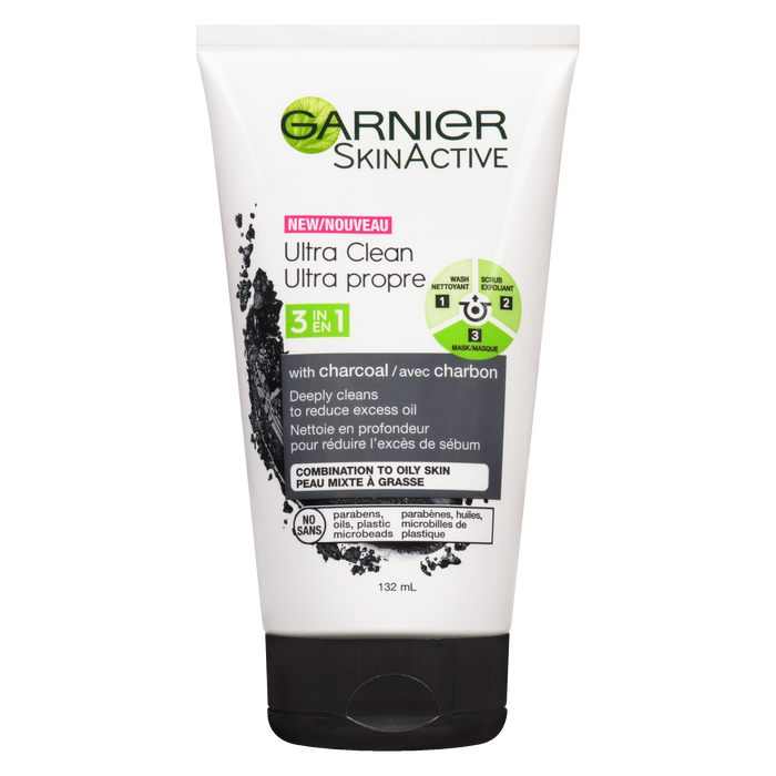 Garnier Skin Active Ultra Clean 3 en 1 au Charbon Peaux Mixtes à Grasses 132 ml