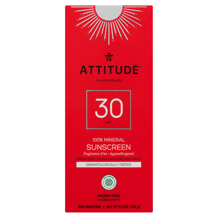 ATTITUDE Crème Solaire SPF30 Adulte - Sans parfum