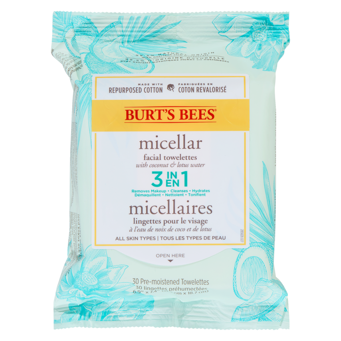 Burt's Bees Micellar Facial Towelettes with Coconut & Lotus Water 30 Pre-Moistened Towelettes