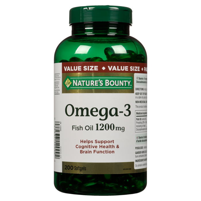 Huile de poisson oméga-3 Nature's Bounty 1 200 mg, format économique, 200 gélules