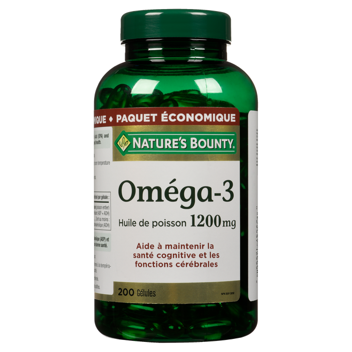 Huile de poisson oméga-3 Nature's Bounty 1 200 mg, format économique, 200 gélules