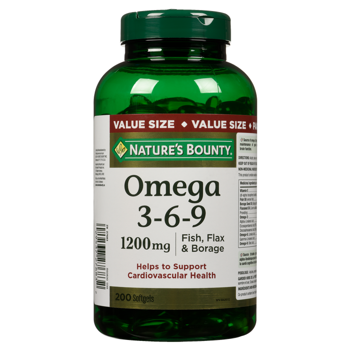 Nature's Bounty Omega 3-6-9 Poisson, Lin et Bourrache 1200 mg Format économique 200 gélules