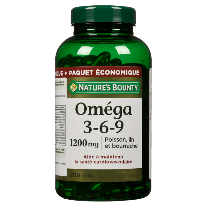 Nature's Bounty Omega 3-6-9 Poisson, Lin et Bourrache 1200 mg Format économique 200 gélules