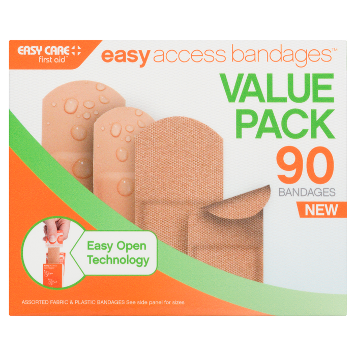 Easy Care First Aid Easy Access Bandages Value Pack 90 Assorted Fabric & Plastic Bandages