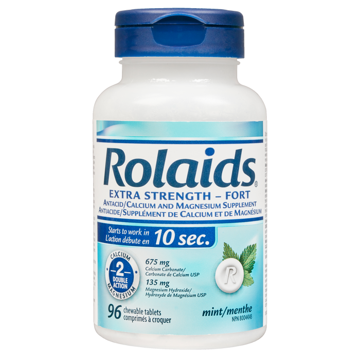 Rolaids Extra Strength Complément antiacide/calcium et magnésium Menthe 96 comprimés à croquer