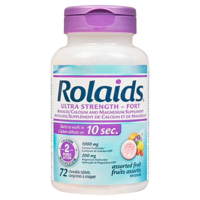 Rolaids Ultra Strenght Complément Antiacide/Calcium et Magnésium Fruits Assortis 72 Comprimés à Croquer