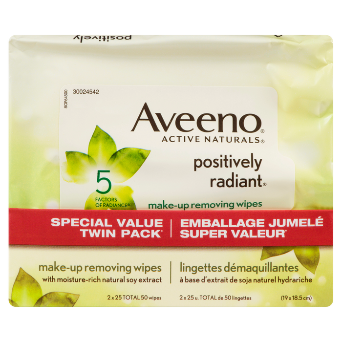 Aveeno Active Naturals Positively Radiant Make-Up Removing Wipes 2 x 25 Total 50 Wipes