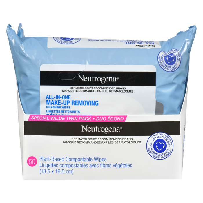 Neutrogena All-in-One Make-Up Removing Cleansing Wipes Fragrance Free Special Value Twin Pack 50 Plant-Based Compostable Wipes