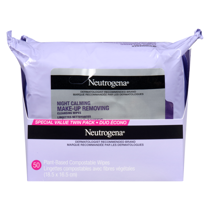 Lingettes nettoyantes démaquillantes apaisantes de nuit de Neutrogena, lot de deux, 50 lingettes compostables à base de plantes