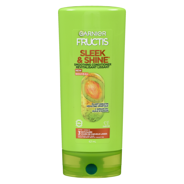 Garnier Fructis Sleek &amp; Shine Après-shampoing lissant à la kératine végétale + huile d'argan pour cheveux secs et crépus 621 ml