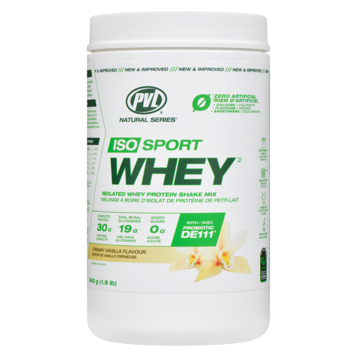 Mélange de protéines de lactosérum isolé PVL Sport Whey Saveur vanille crémeuse 840 g