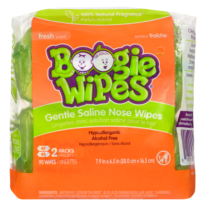 Lingettes nasales Boogie Wipes Gentle Saline au parfum frais, lot économique de 2 paquets x 45 (90 lingettes)