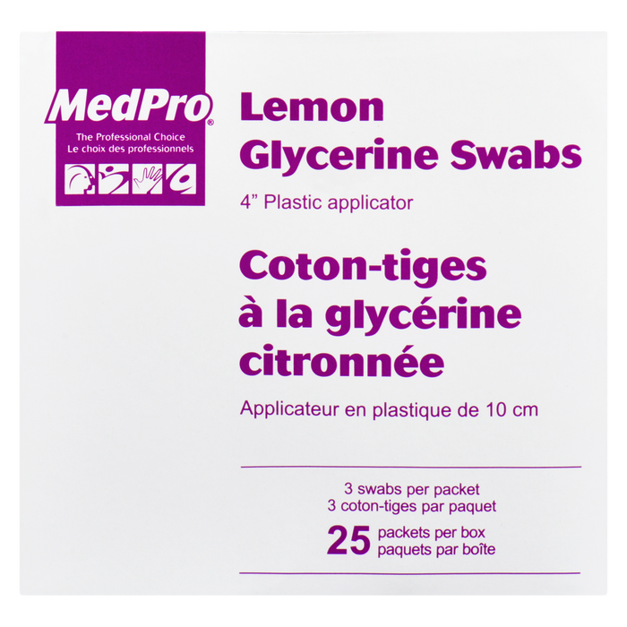 Tampons à la glycérine au citron MedPro, applicateur en plastique de 4 po, 25 paquets par boîte