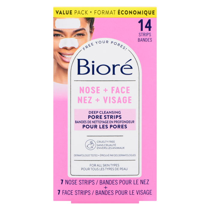 Bandes nettoyantes en profondeur pour les pores Bioré, pack économique pour le nez et le visage, 14 bandes