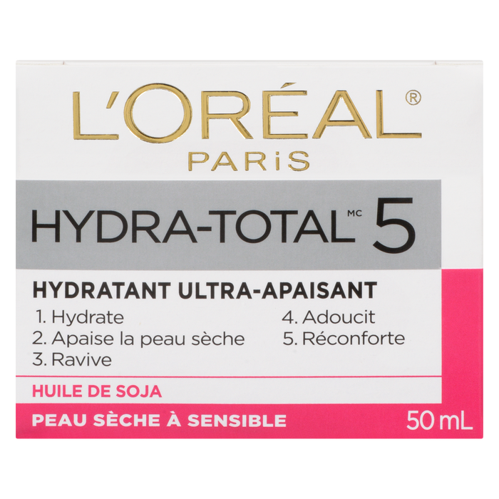 L'Oréal Paris Hydra-Total 5 Crème Hydratante Ultra-Apaisante Huile de Soja Peaux Sèches à Sensibles 50 ml