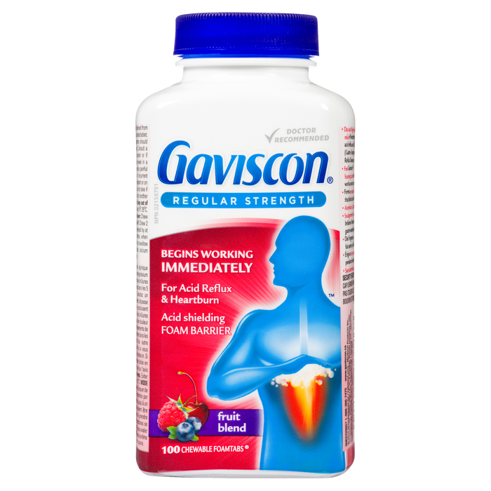 Gaviscon Mélange de fruits à concentration régulière, barrière anti-acide en mousse, 100 comprimés à croquer