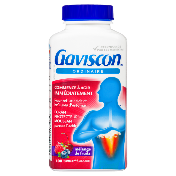 Gaviscon Mélange de fruits à concentration régulière, barrière anti-acide en mousse, 100 comprimés à croquer