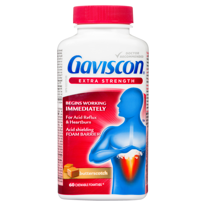 Mousse protectrice anti-acide extra-forte Gaviscon Butterscotch, 60 comprimés à croquer