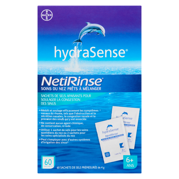 HydraSense NetiRinse Self-Mix Nasal Care Sachets de sel apaisants pour les sinus 6 ans et plus 60 sachets de sel pré-mesurés de 4 g