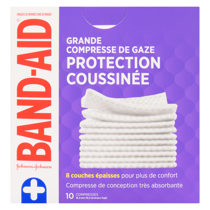 Compresses de gaze pour pansements Band-Aid Cushion-Care, grandes, 10 compresses