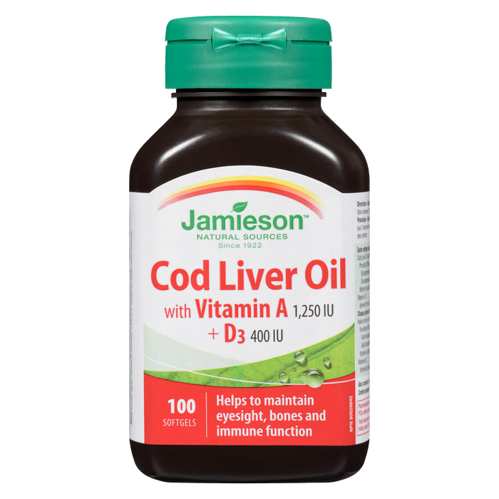 Jamieson Cod Liver Oil with Vitamin A 1,250 IU + D₃ 400 IU 100 Softgels