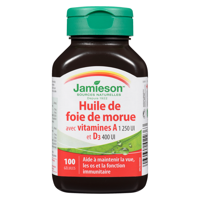 Huile de foie de morue Jamieson avec vitamine A 1 250 UI + D₃ 400 UI 100 gélules