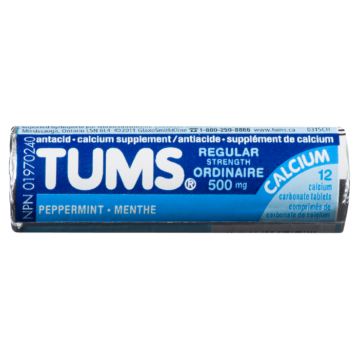 Tums Menthe poivrée Force régulière 500 mg 12 comprimés de carbonate de calcium