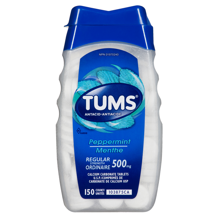 Antiacide Tums à la menthe poivrée à concentration régulière de 500 mg, 150 unités