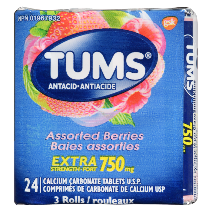 Tums Antiacide Baies Assorties Extra Fort 750 mg 3 Rouleaux 24 Comprimés de Carbonate de Calcium USP