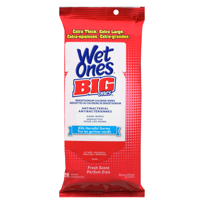 Lingettes pour les mains Wet Ones Big Ones, antibactériennes, parfum frais, 28 lingettes