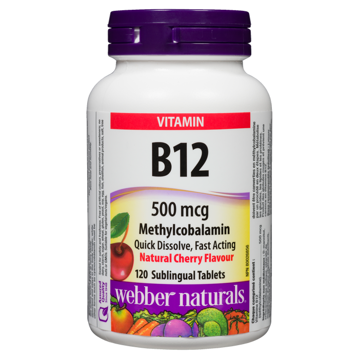 Webber Naturals Vitamin B12 Methylcobalamin Natural Cherry Flavour 500 mcg 120 Sublingual Tablets