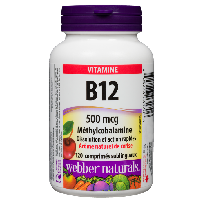 Webber Naturals Vitamin B12 Methylcobalamin Natural Cherry Flavour 500 mcg 120 Sublingual Tablets