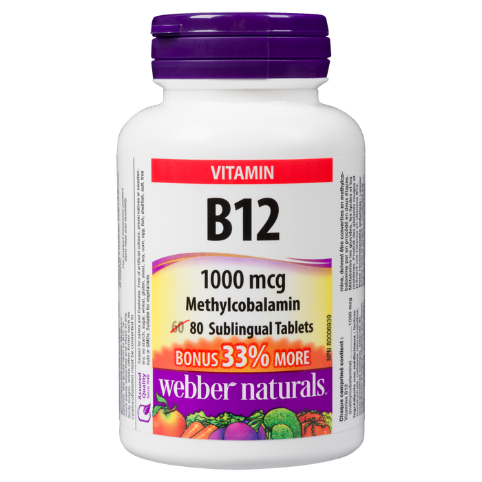 Webber Naturals Vitamine B12 Méthylcobalamine 1000 mcg 80 comprimés sublinguaux