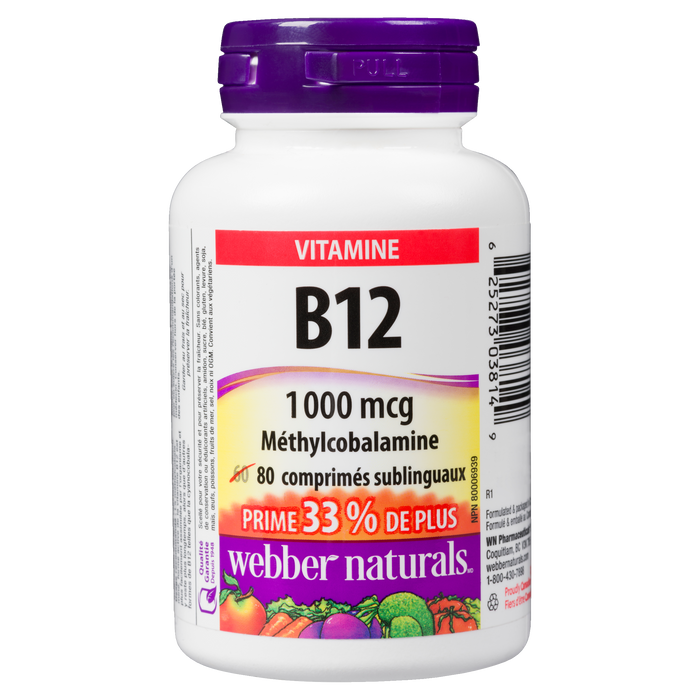 Webber Naturals Vitamine B12 Méthylcobalamine 1000 mcg 80 comprimés sublinguaux