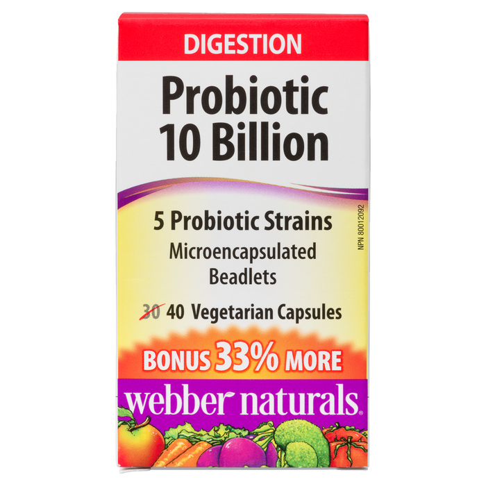 Webber Naturals Digestion Probiotic 10 milliards 5 souches probiotiques 40 capsules végétariennes