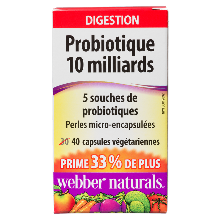 Webber Naturals Digestion Probiotic 10 milliards 5 souches probiotiques 40 capsules végétariennes