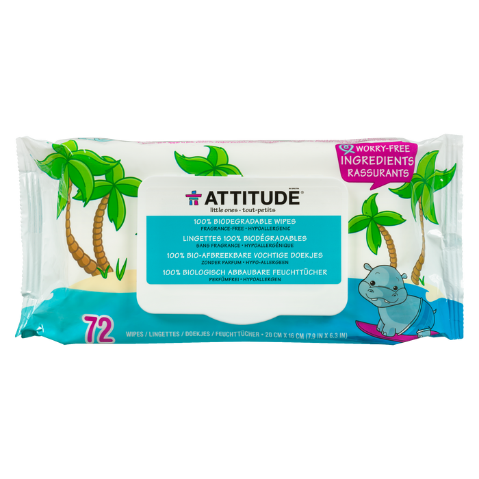 Lingettes 100% biodégradables Attitude 72 lingettes