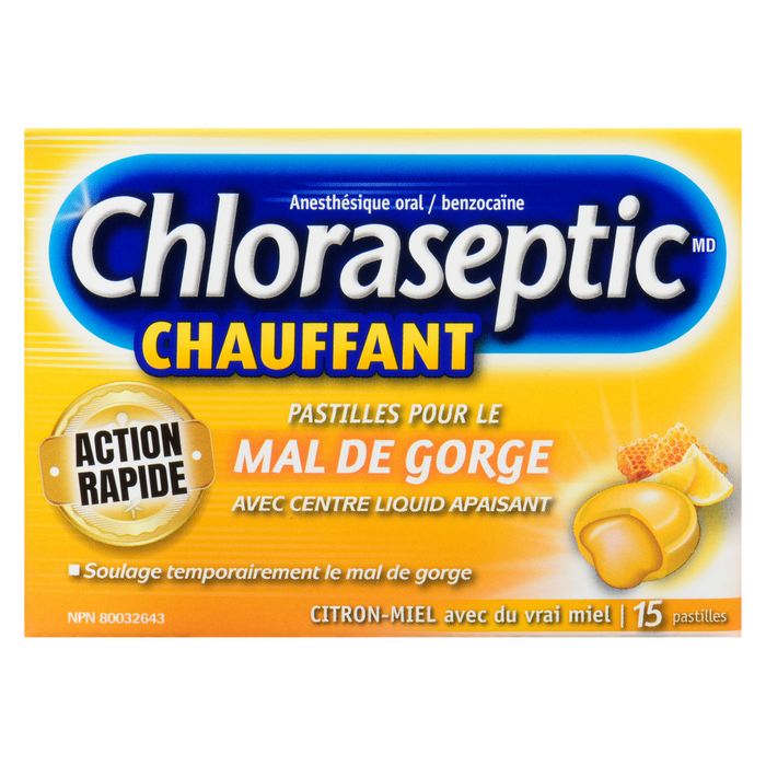 Pastilles Chloraseptic pour maux de gorge avec centre liquide apaisant Miel réchauffant Citron 15 pastilles