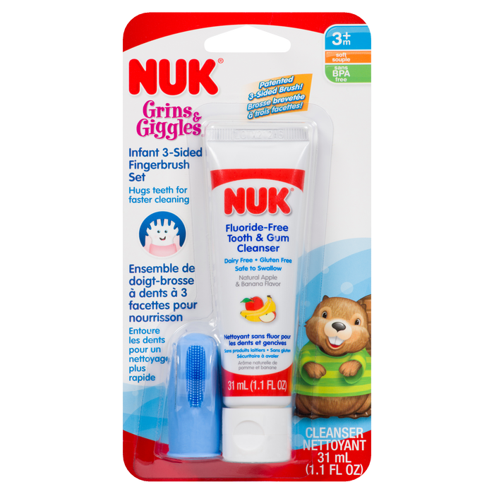 NUK Grins & Giggles Infant 3-Sided Fingerbrush Set Soft 3m+