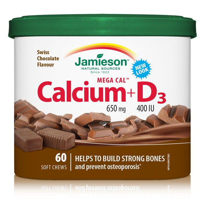 Jamieson Mega Cal Calcium 650 mg et vitamine D3 400 UI à mâcher doux - Chocolat suisse