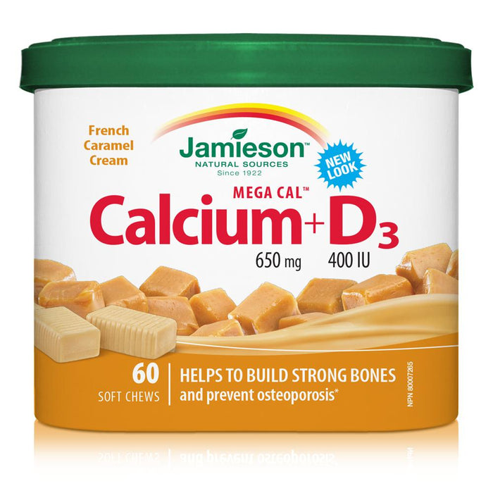 Jamieson Mega Cal Calcium 650 mg et vitamine D3 400 UI à mâcher doux - Crème de caramel français