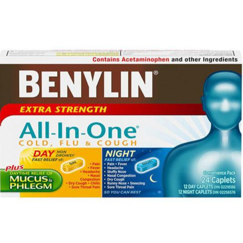 Benylin Caplets tout-en-un extra fort contre le rhume et la grippe - Jour et nuit