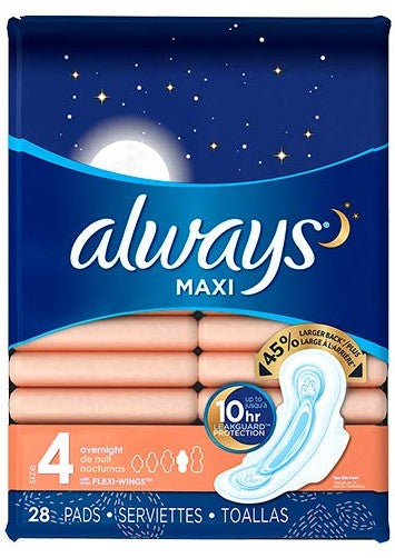 Always Maxi Size 4 Overnight Pads with Wings - Unscented