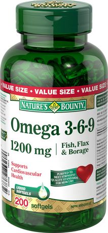 Nature's Bounty Omega 3-6-9 Poisson, Lin, Bourrache 1200 mg
