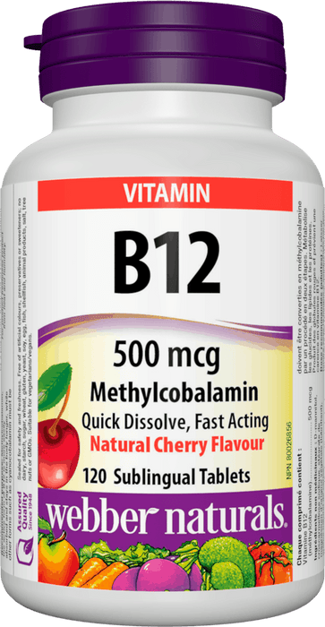 Webber Naturals Vitamine B12 Méthylcobalamine 500 mcg Comprimés sublinguaux - Cerise naturelle