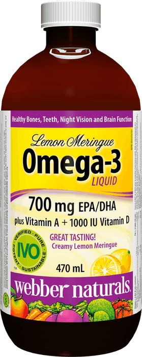 Webber Naturals Oméga-3 700 mg EPA/DHA liquide plus vitamines A + 1000 UI de vitamine D - Saveur citron meringuée